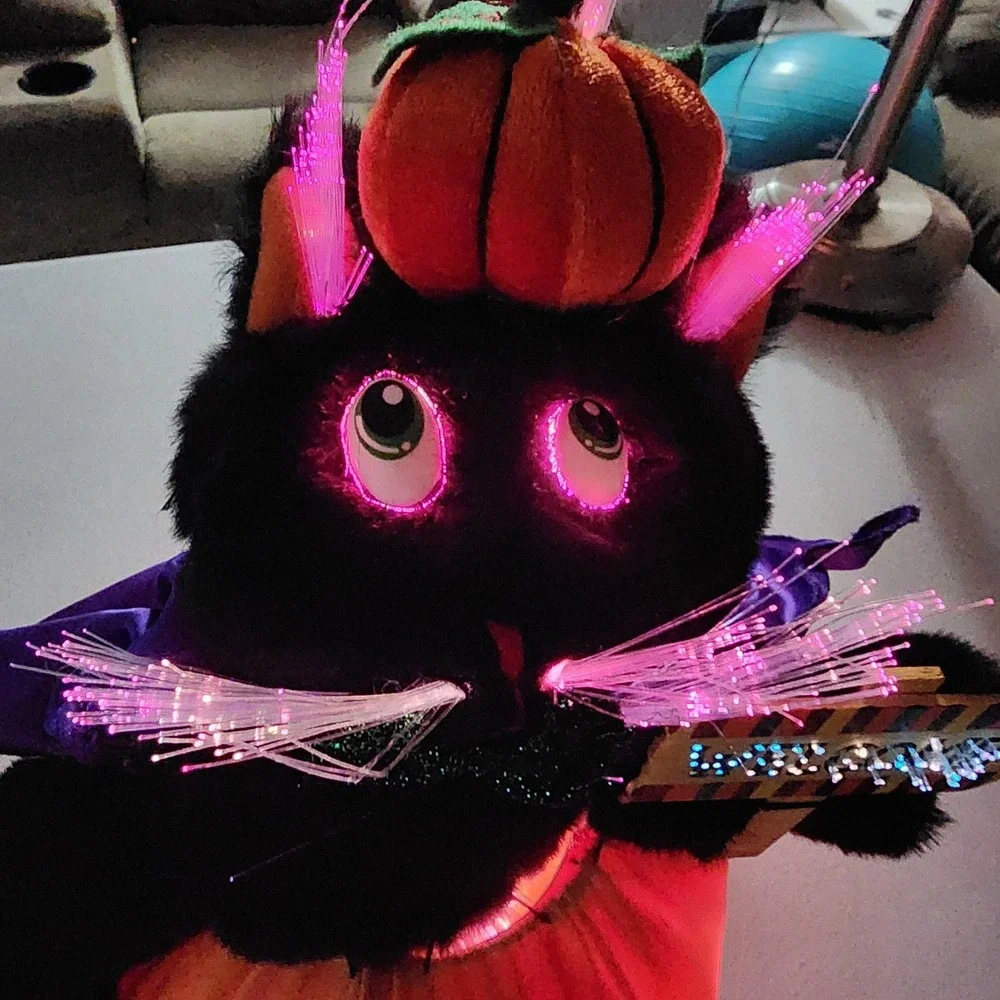 VTG Fiber Optic Halloween Black Cat Pumpkin Welcome Sign Light Up Decor 14 inch